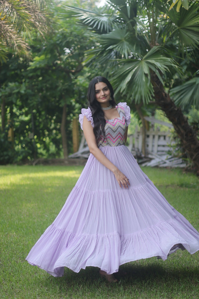 Party Wear Embroidered Work Lavender Color Long Gown Clothsvilla