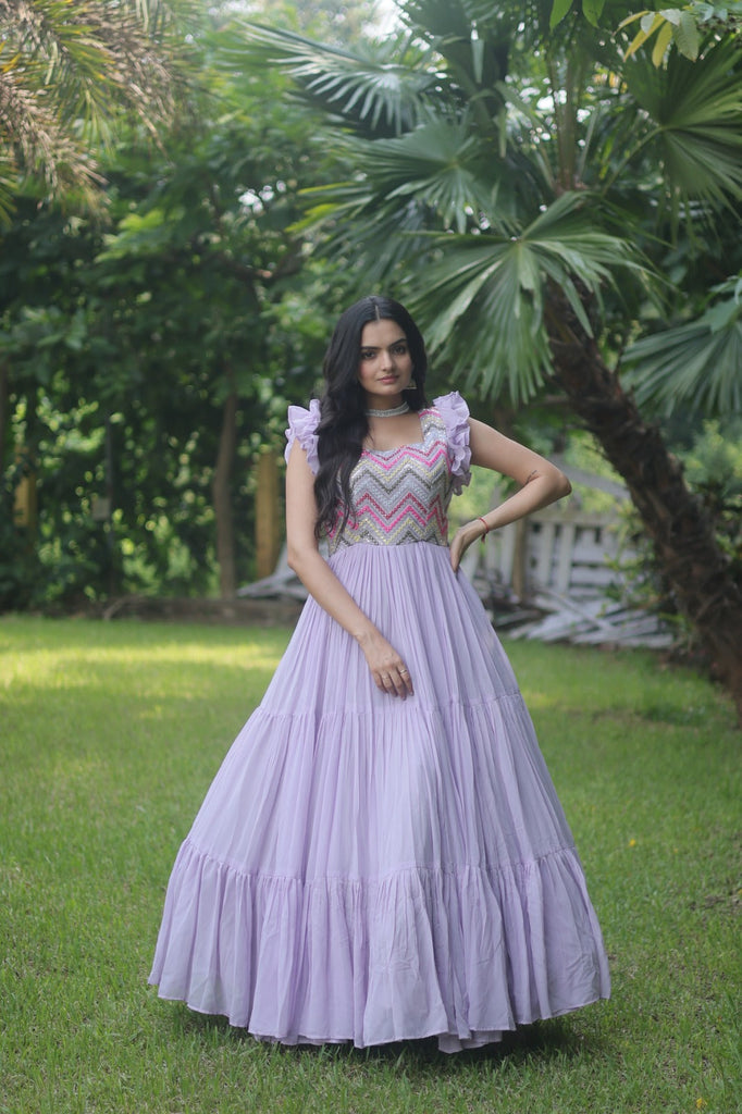 Party Wear Embroidered Work Lavender Color Long Gown Clothsvilla