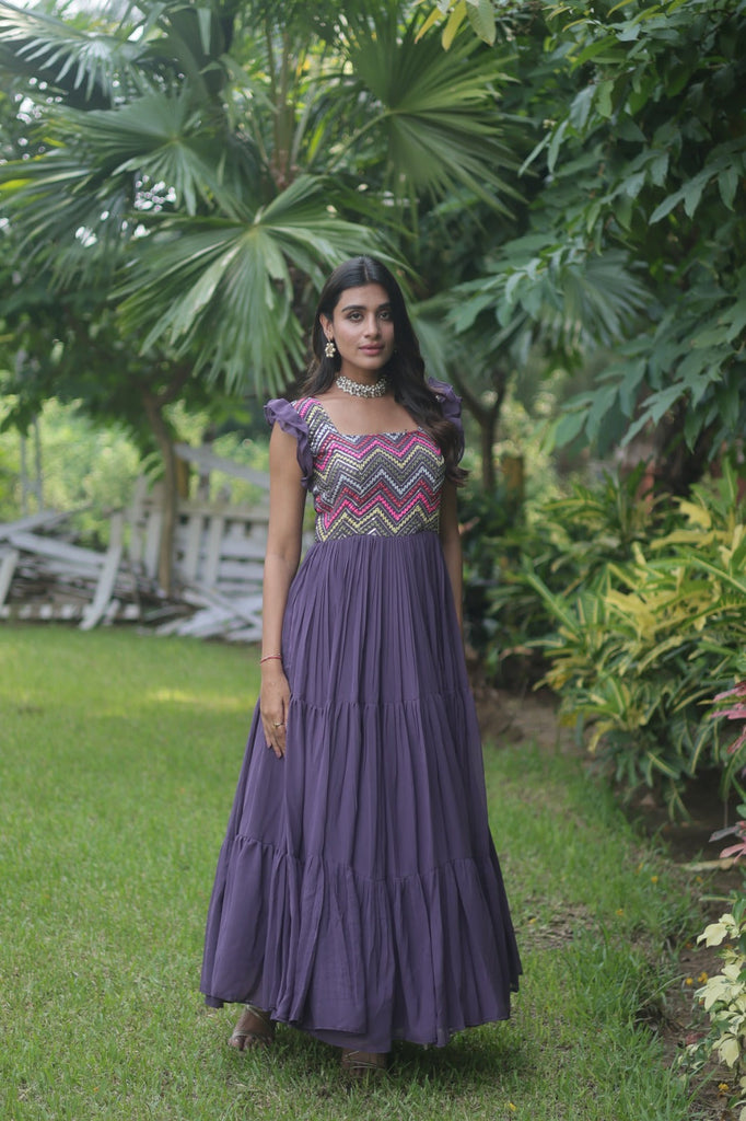Party Wear Embroidered Work Purple Color Long Gown Clothsvilla