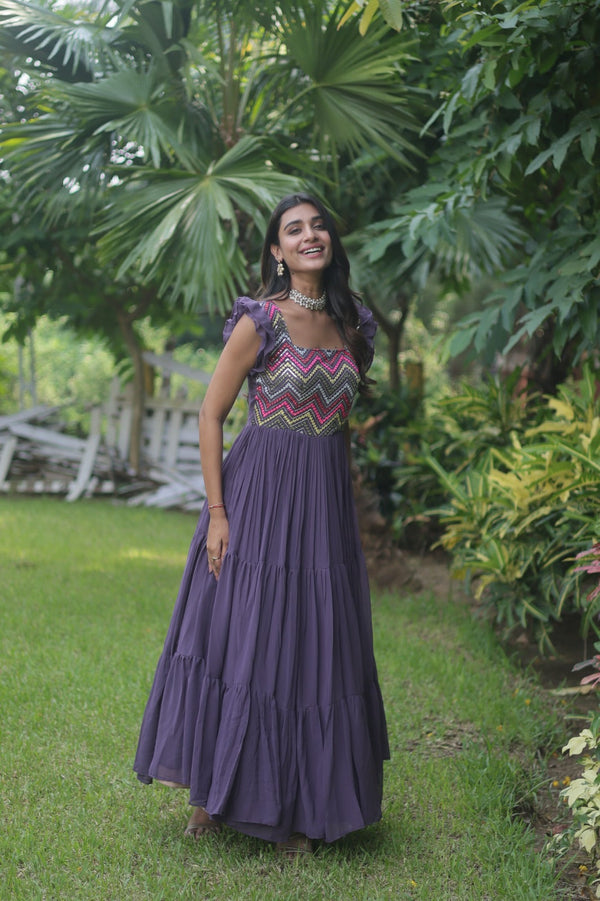 Party Wear Embroidered Work Purple Color Long Gown Clothsvilla