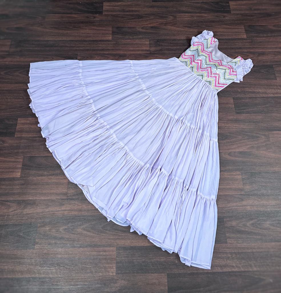 Party Wear Embroidered Work Lavender Color Long Gown Clothsvilla