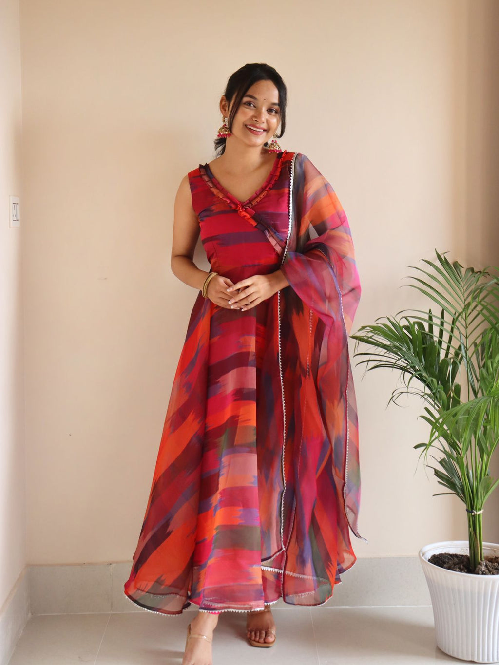 Fashionable Digital Printed Organza Silk Anarkali Suit