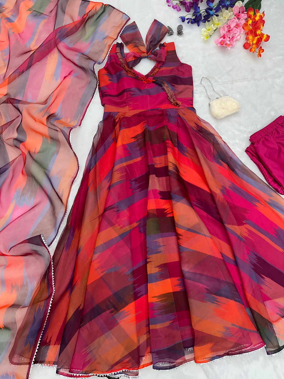 Fashionable Digital Printed Organza Silk Anarkali Suit