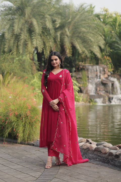 Fancy Pink Embroidery Work Beautiful Kurti pant With dupatta Clothsvilla Main image