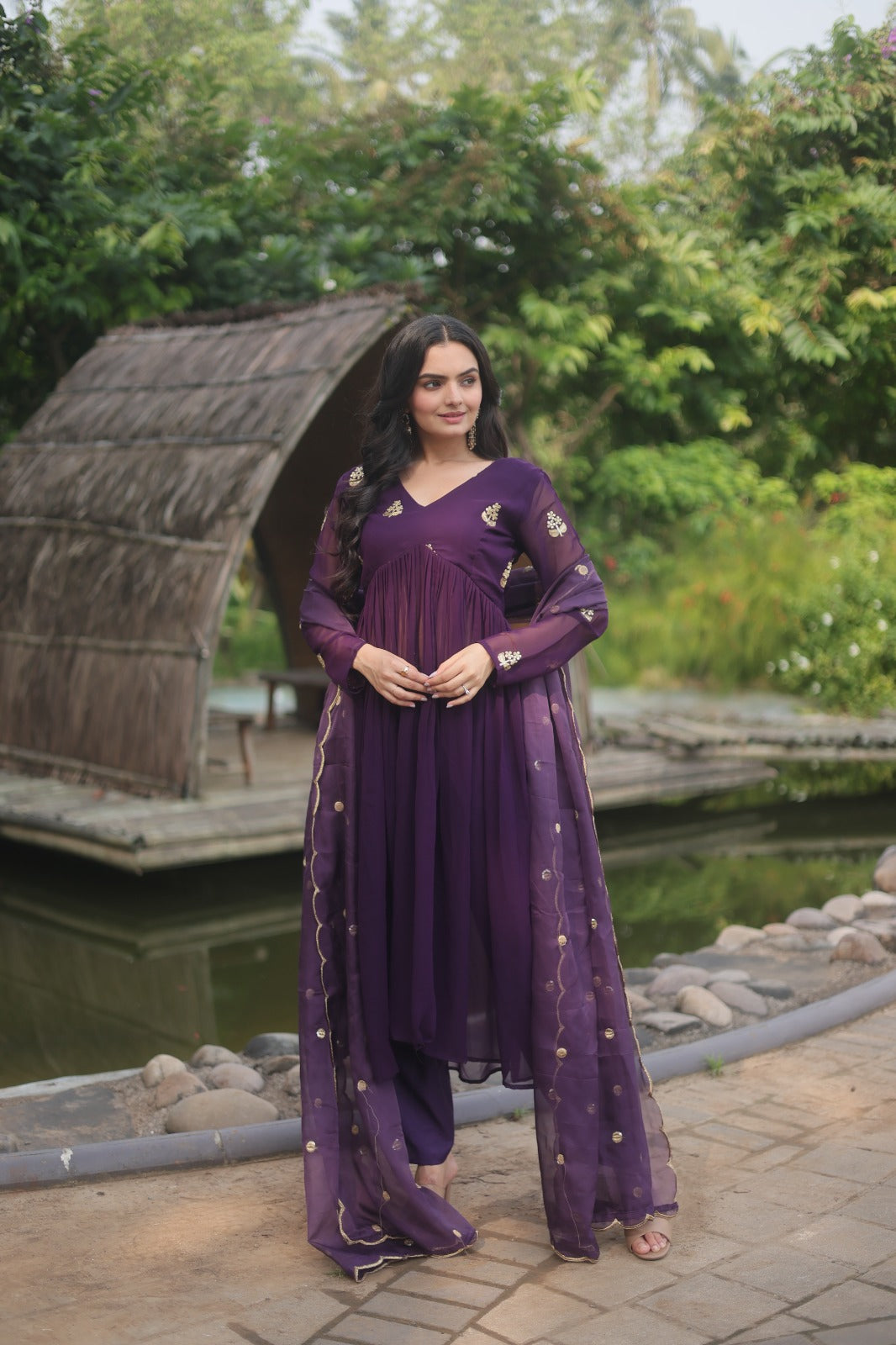 Fancy Purple Embroidery Work Beautiful Kurti pant With dupatta Clothsvilla