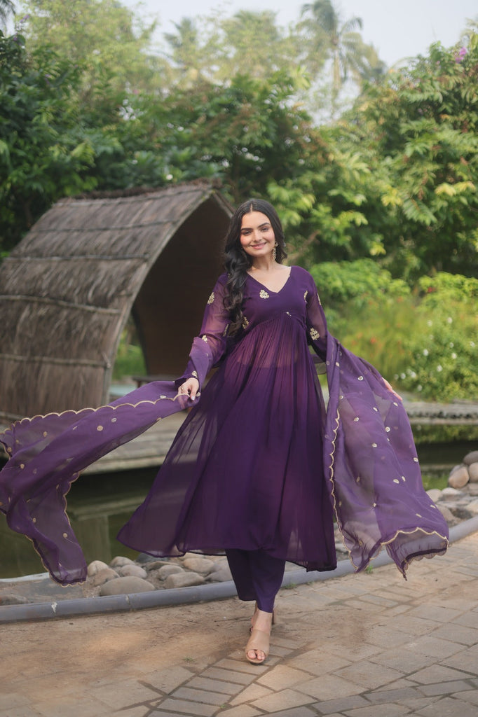 Fancy Purple Embroidery Work Beautiful Kurti pant With dupatta Clothsvilla