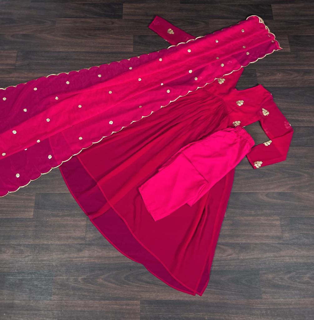 Fancy Pink Embroidery Work Beautiful Kurti pant With dupatta Clothsvilla