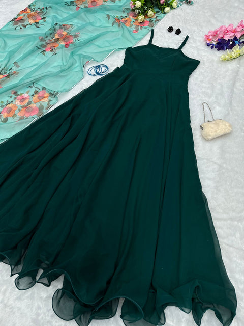 Trendy Plain Dark Green Color Gown With Printed Dupatta Main image