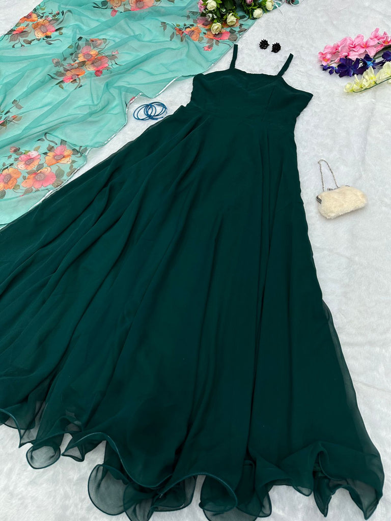 Trendy Plain Dark Green Color Gown With Printed Dupatta - Cl Trendy Plain Dark Green Color Gown With Printed Dupatta - Cl