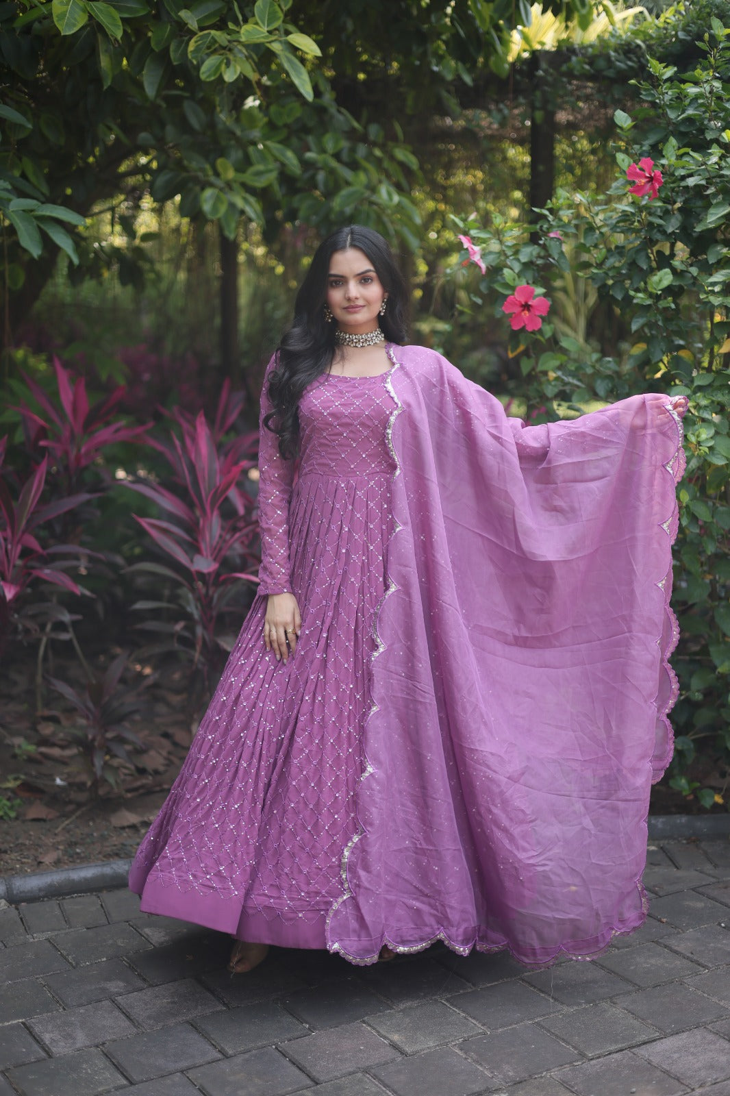 Pink Color Multi-sequence Work Georgette Chex Gown