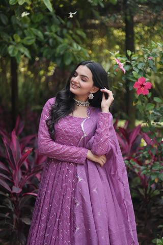Pink Color Multi-sequence Work Georgette Chex Gown