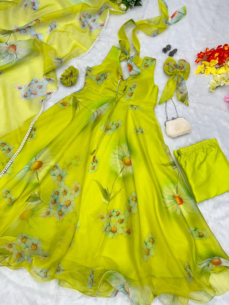 Lemon Green Color Digital Printed Anarkali Suit - Clothsvill Lemon Green Color Digital Printed Anarkali Suit - Clothsvill