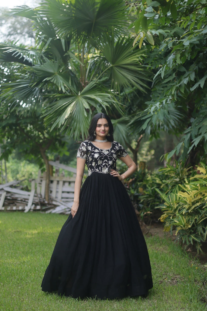 Captivating Black Color Embroidered Work Long Gown Clothsvilla