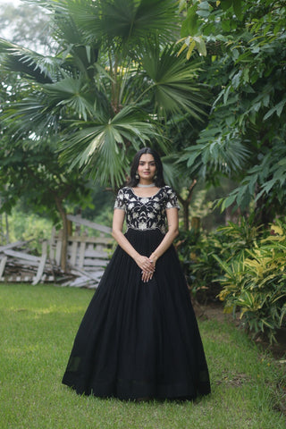 Captivating Black Color Embroidered Work Long Gown Clothsvilla