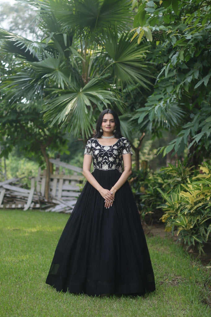 Captivating Black Color Embroidered Work Long Gown Clothsvilla