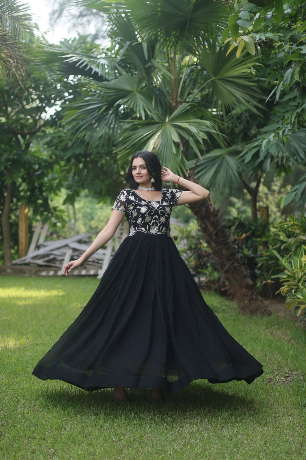 Captivating Black Color Embroidered Work Long Gown Clothsvilla