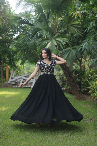 Captivating Black Color Embroidered Work Long Gown Clothsvilla