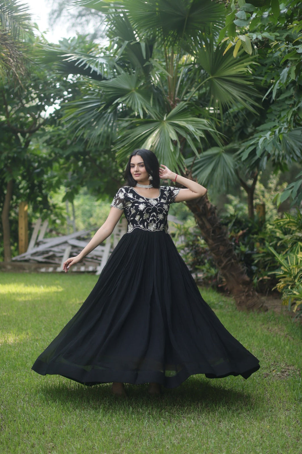 Captivating Black Color Embroidered Work Long Gown Clothsvilla