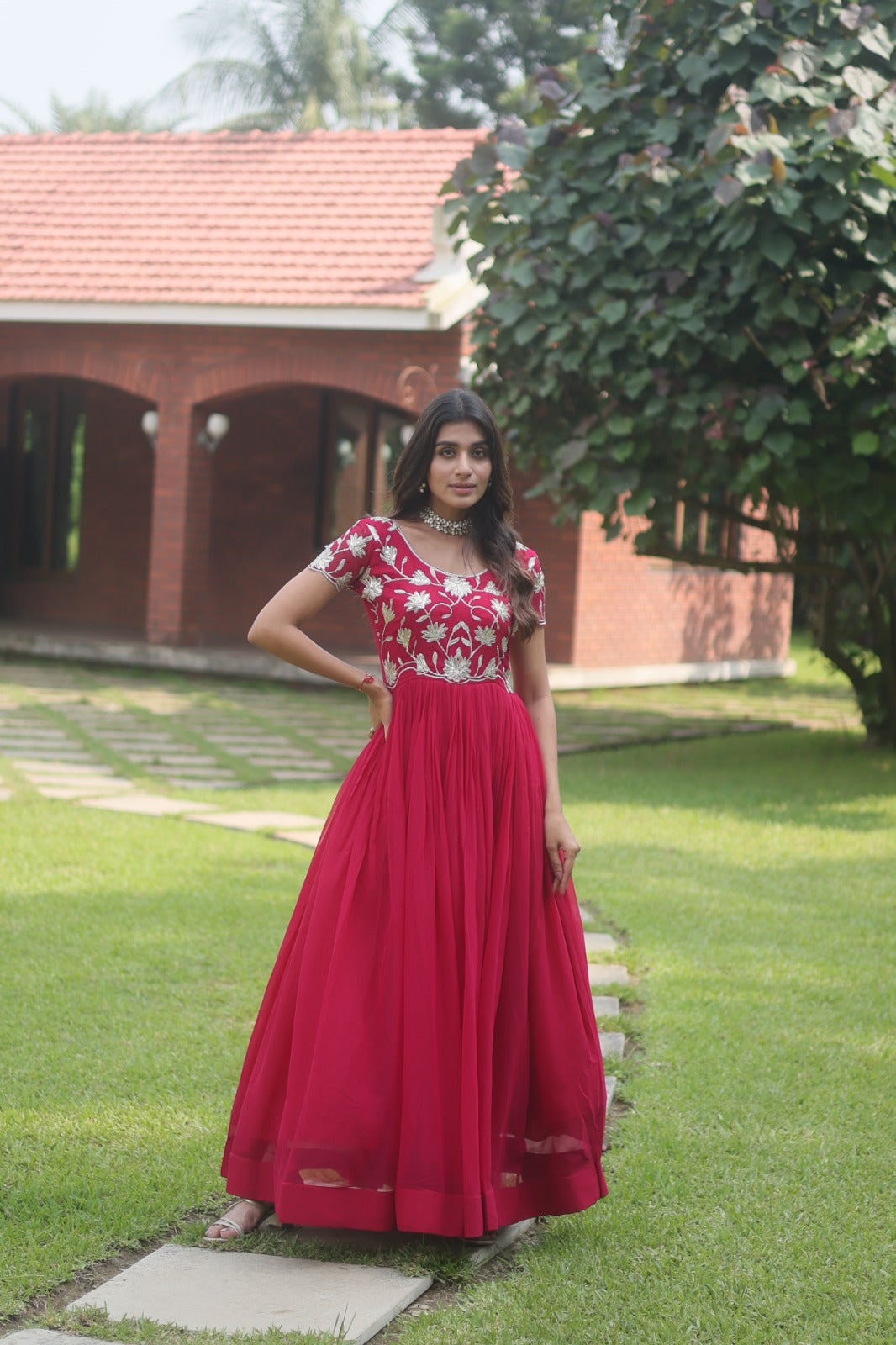 Captivating Pink Color Embroidered Work Long Gown Clothsvilla