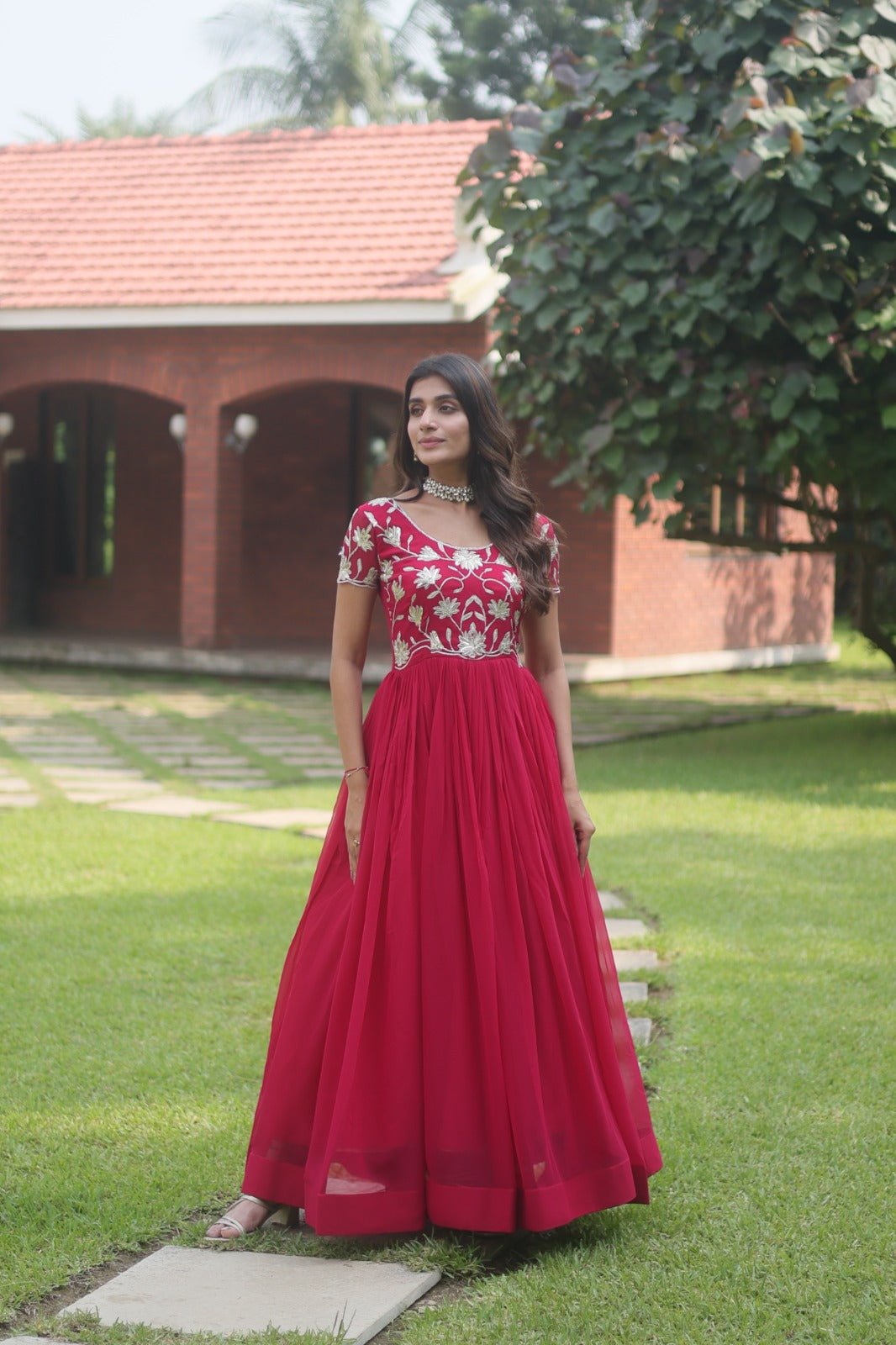 Captivating Pink Color Embroidered Work Long Gown Clothsvilla