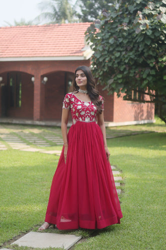 Captivating Pink Color Embroidered Work Long Gown Clothsvilla