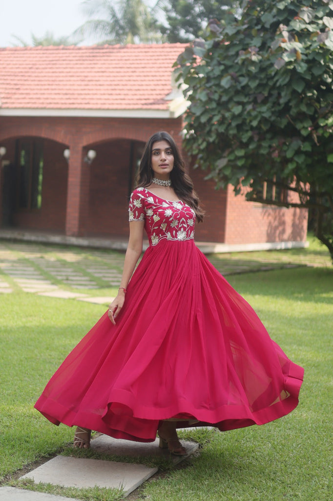 Captivating Pink Color Embroidered Work Long Gown Clothsvilla