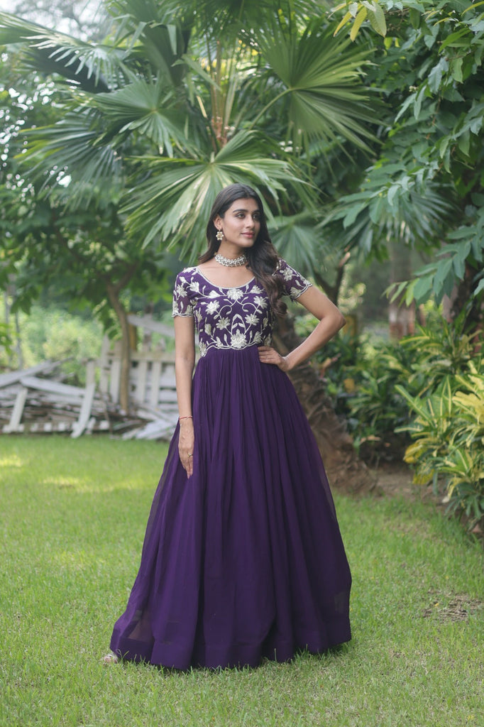 Captivating Purple Color Embroidered Work Long Gown Clothsvilla