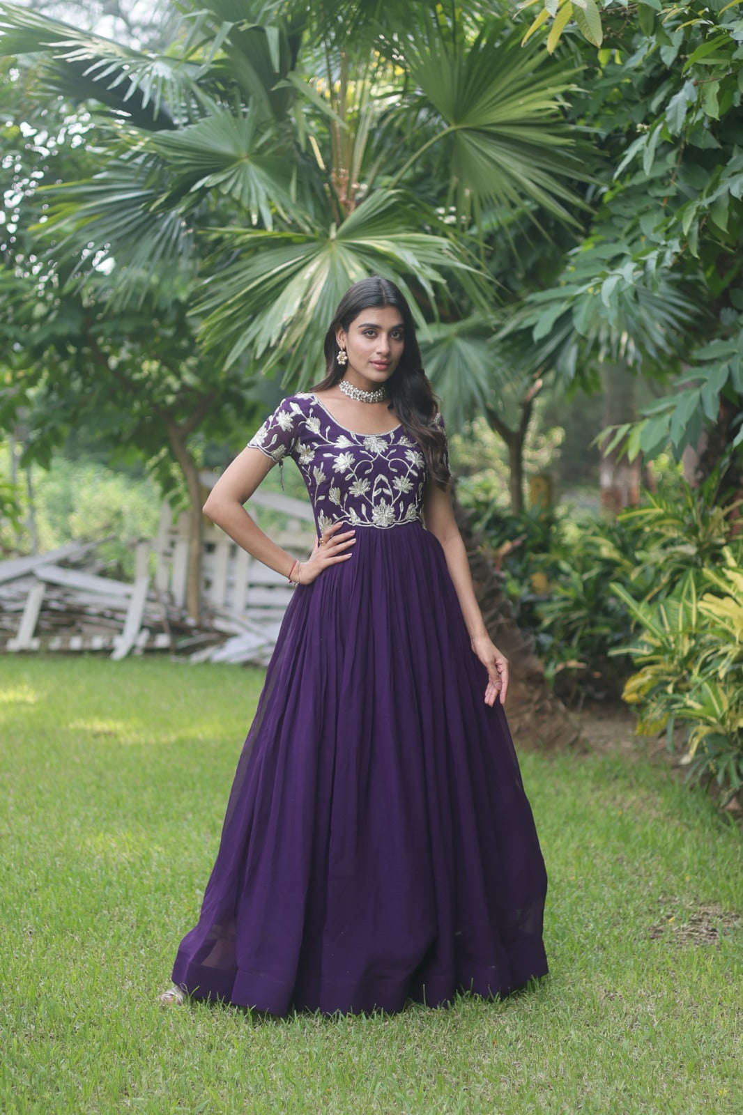 Captivating Purple Color Embroidered Work Long Gown Clothsvilla