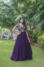 Load image into Gallery viewer, Captivating Purple Color Embroidered Work Long Gown Clothsvilla