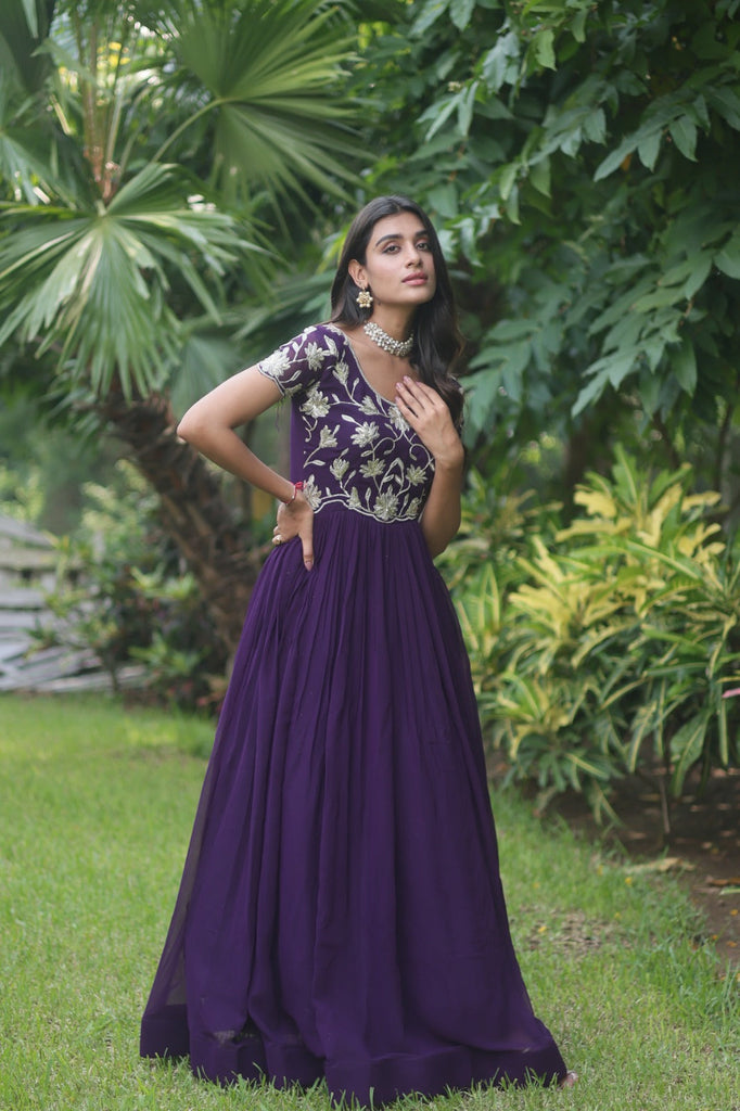 Captivating Purple Color Embroidered Work Long Gown Clothsvilla