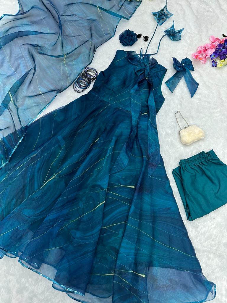 Blue Georgette Anarkali Set With Digital Print Main image