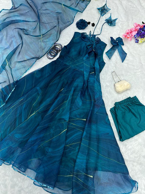Blue Georgette Anarkali Set With Digital Print Main image