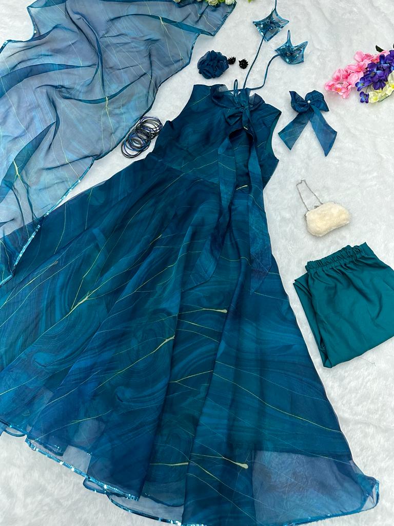 Blue Georgette Anarkali Set With Digital Print