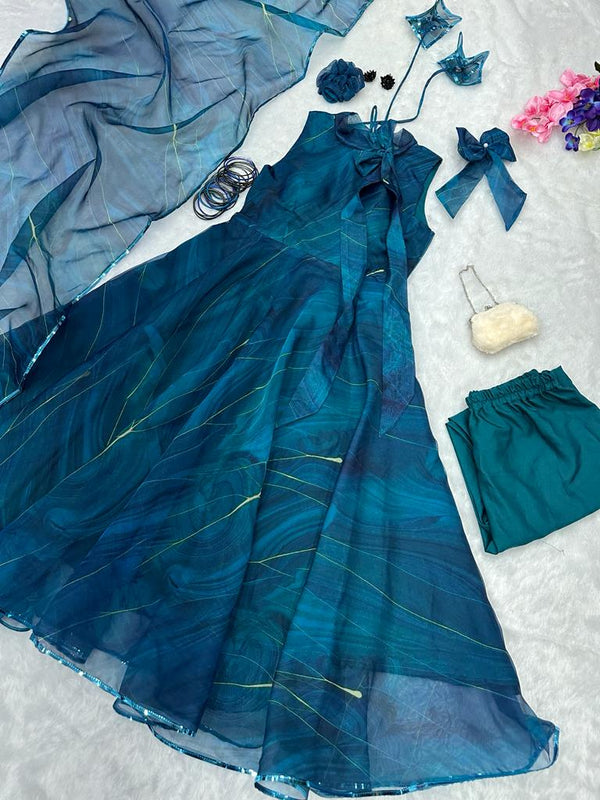 Blue Georgette Anarkali Set With Digital Print