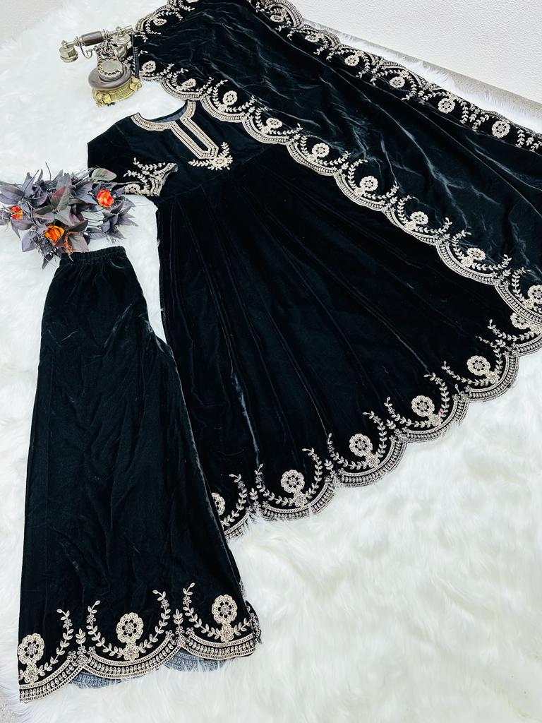 Glamourous Black Color Embroidery Work Anarkali Suit