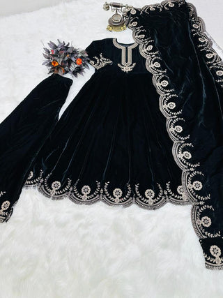 Glamourous Black Color Embroidery Work Anarkali Suit