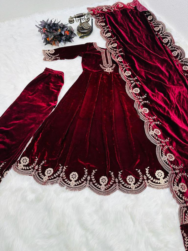 Glamourous Maroon Color Embroidery Work Anarkali Suit