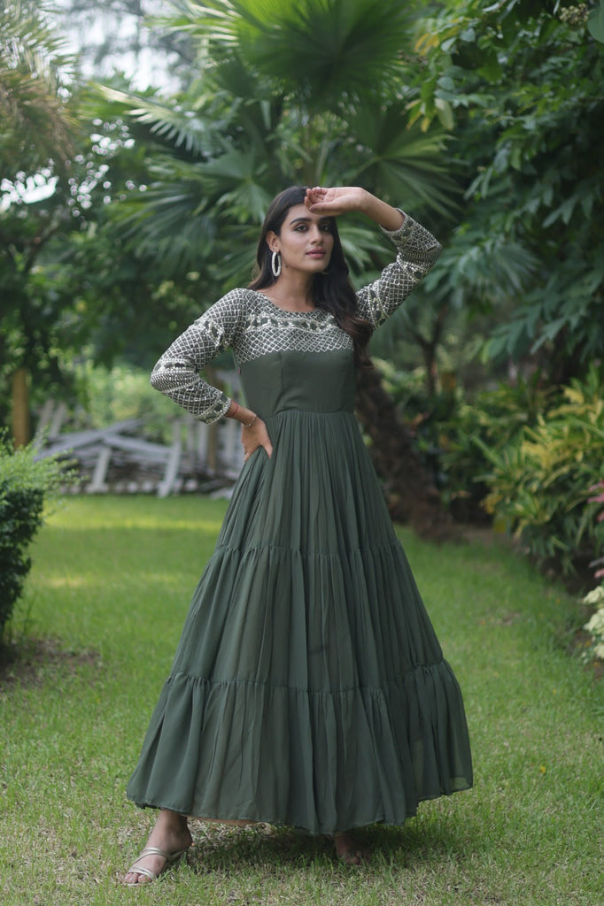 Fantastic Mehendi Green Color Zari Work Gown Clothsvilla