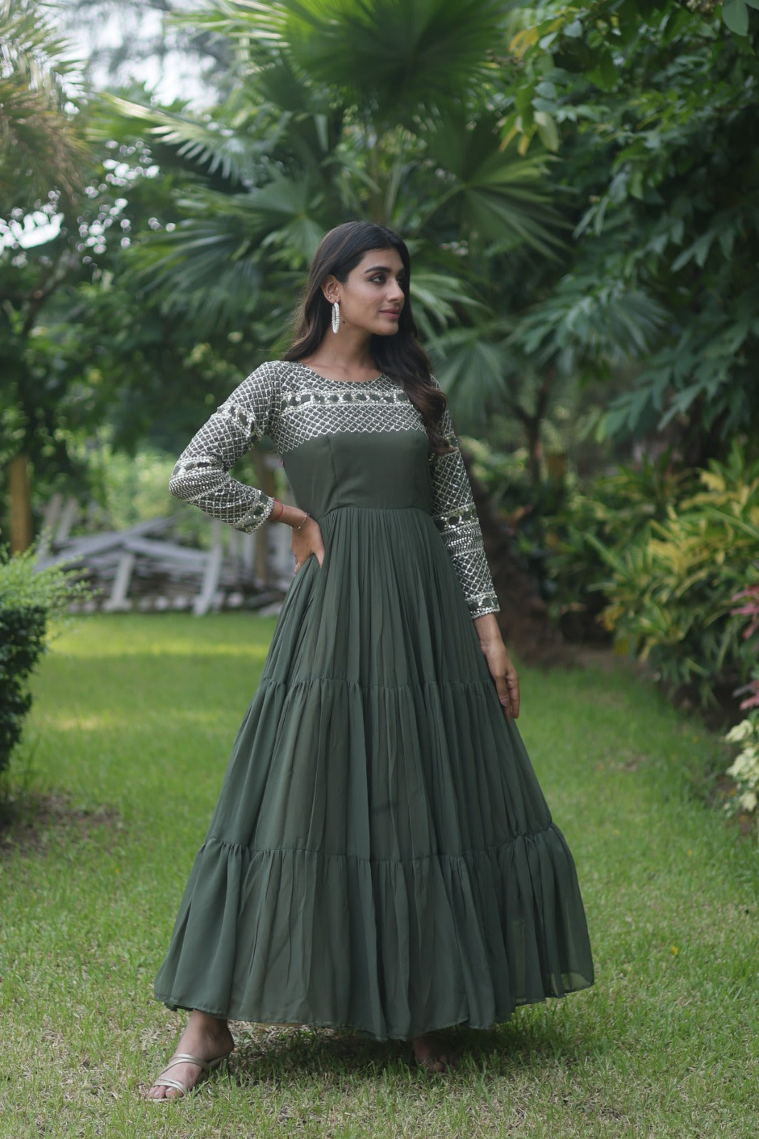 Fantastic Mehendi Green Color Zari Work Gown Clothsvilla