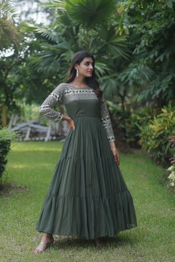Fantastic Mehendi Green Color Zari Work Gown Clothsvilla