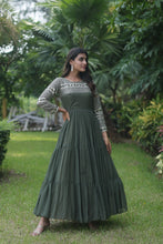 Load image into Gallery viewer, Fantastic Mehendi Green Color Zari Work Gown Clothsvilla