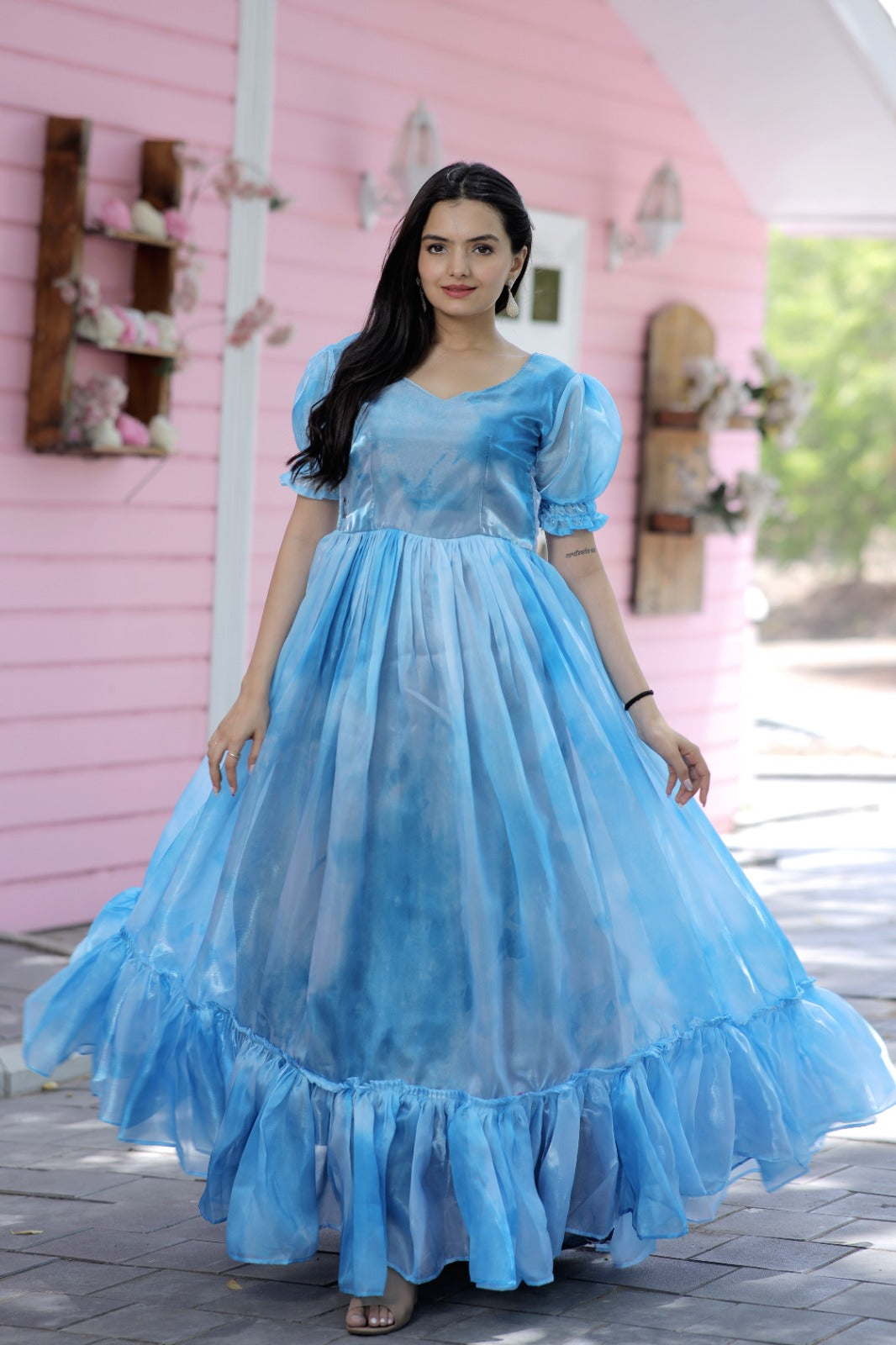 Trendy Jimmy Silk With Rich Multi Print Work Sky Blue Gown Clothsvilla