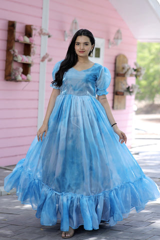 Trendy Jimmy Silk With Rich Multi Print Work Sky Blue Gown Clothsvilla