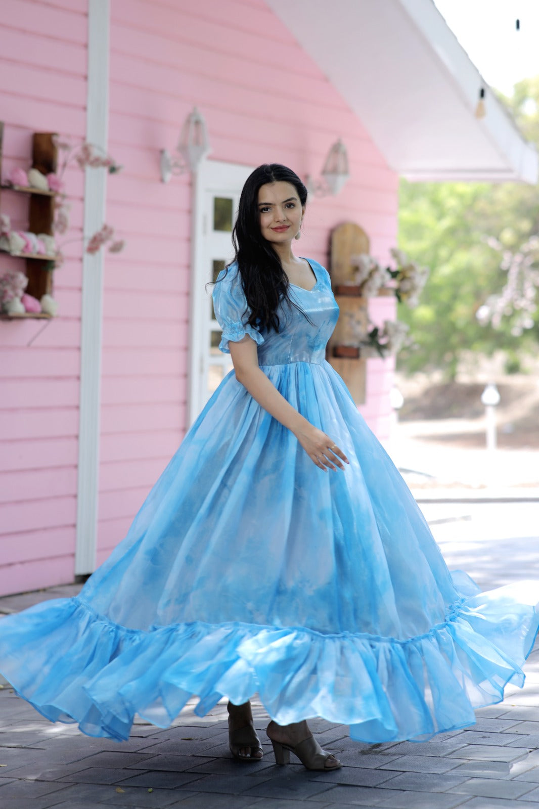 Trendy Jimmy Silk With Rich Multi Print Work Sky Blue Gown Clothsvilla