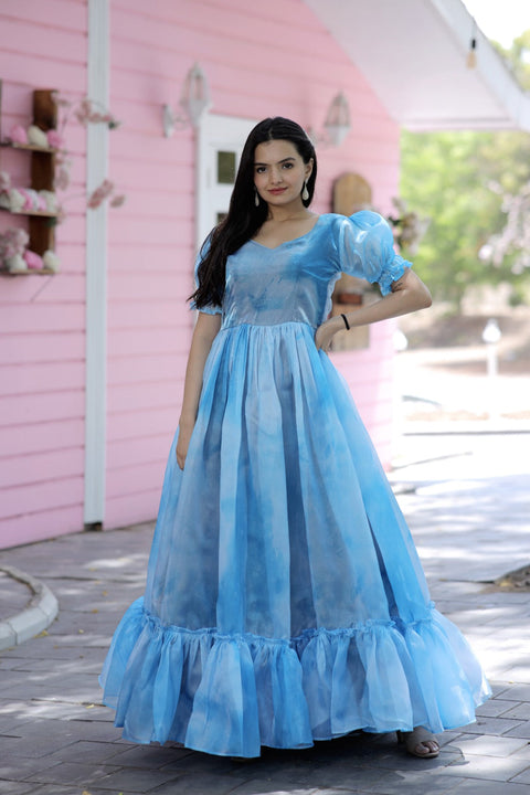 Trendy Jimmy Silk With Rich Multi Print Work Sky Blue Gown Clothsvilla Main image