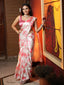 White & Pink Color Floral Digital Printed Japan Satin Saree With Pearl Lace Border Clothsvilla