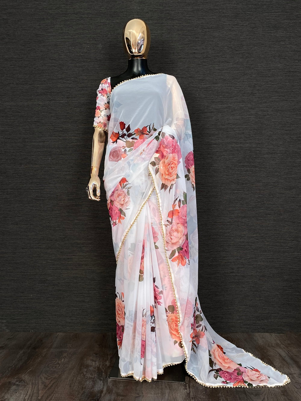 White Color Floral Digital Printed Georgette Saree With Pearl Lace Border Clothsvilla