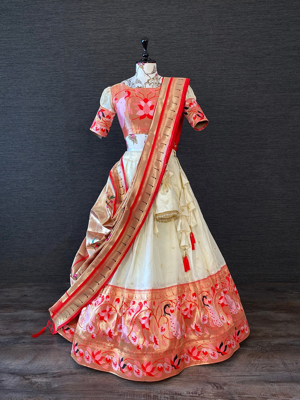 White Color Weaving Zari Work Jacquard Pethani Lehenga Set Clothsvilla