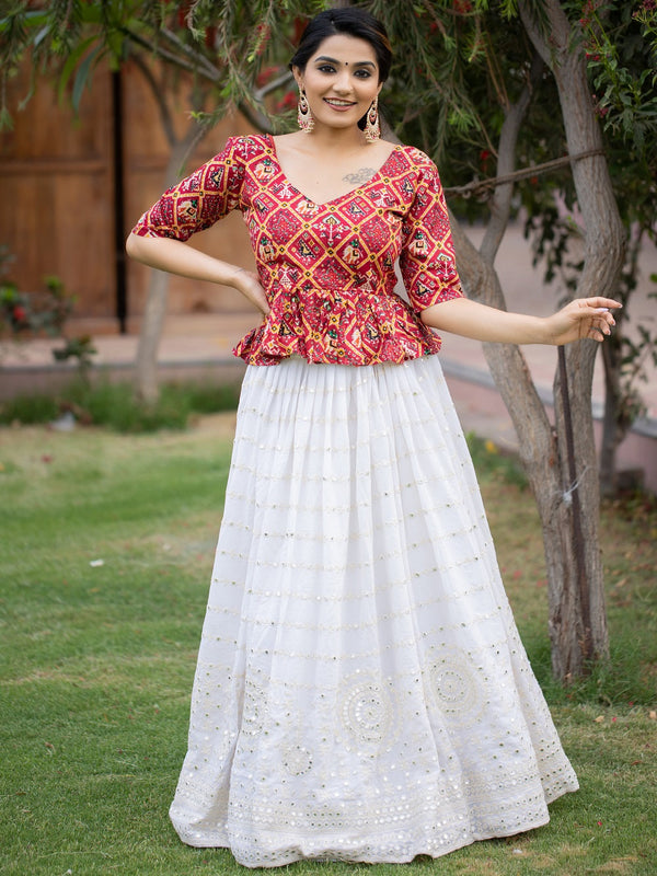 White Color Paper Mirror And Thread Embroidery Work Georgette Two Piece Lehenga Choli Set Clothsvilla