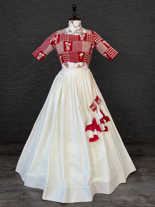 White Color Pure Cotton Two Piece Lehenga With Lucknowi Work Choli Clothsvilla